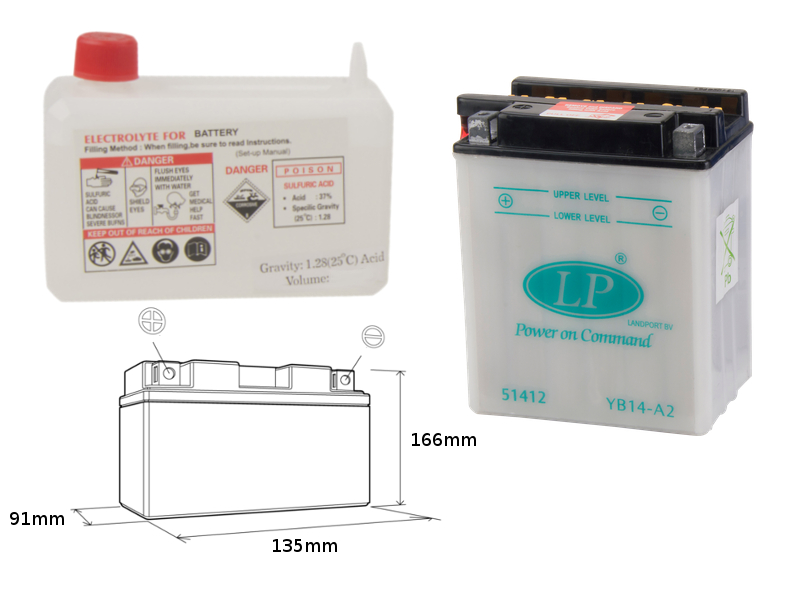 LANDPORT akumulátor YB14-A2 (MD LB14-A2) 12V 14AH 135X91X167 obsluhovaný - elektrolyt zvlášť (3) UE2019/1148 (LANDPORT akumulátor YB14-A2 (MD)